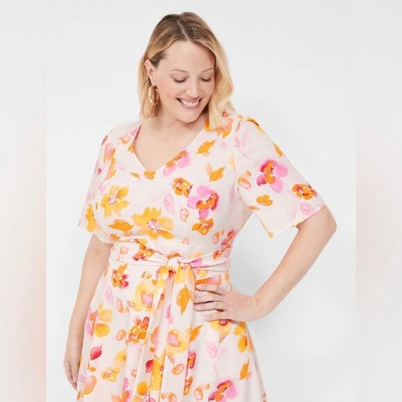 Lane Bryant Pink Floral Lena V Neck Midi Dress Sz.20W NWT - Picture 2 of 16